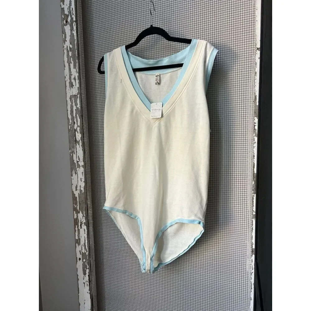 Free People Intimately V Neck Bodysuit Ribbed Tennis Country‎ Club Preppy large